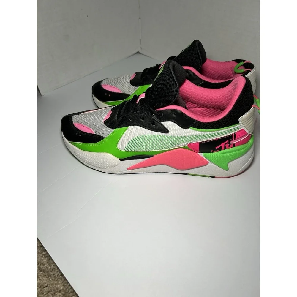 PUMA MTV x RS-X Tracks Bold 80s style 370408-01 8 EUC Neon Pink Green Pumas 10.5